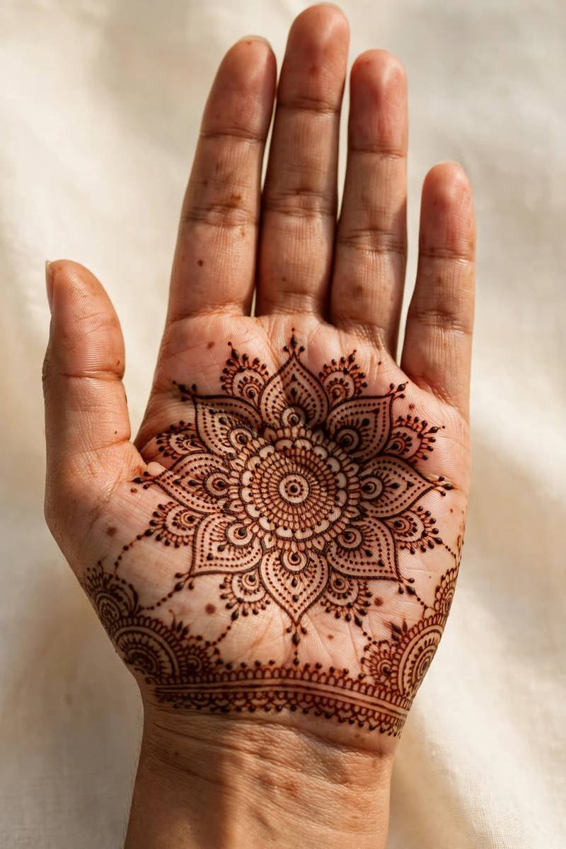 Simple mandala mehndi design in the centre of a front hand palm with dots and petals