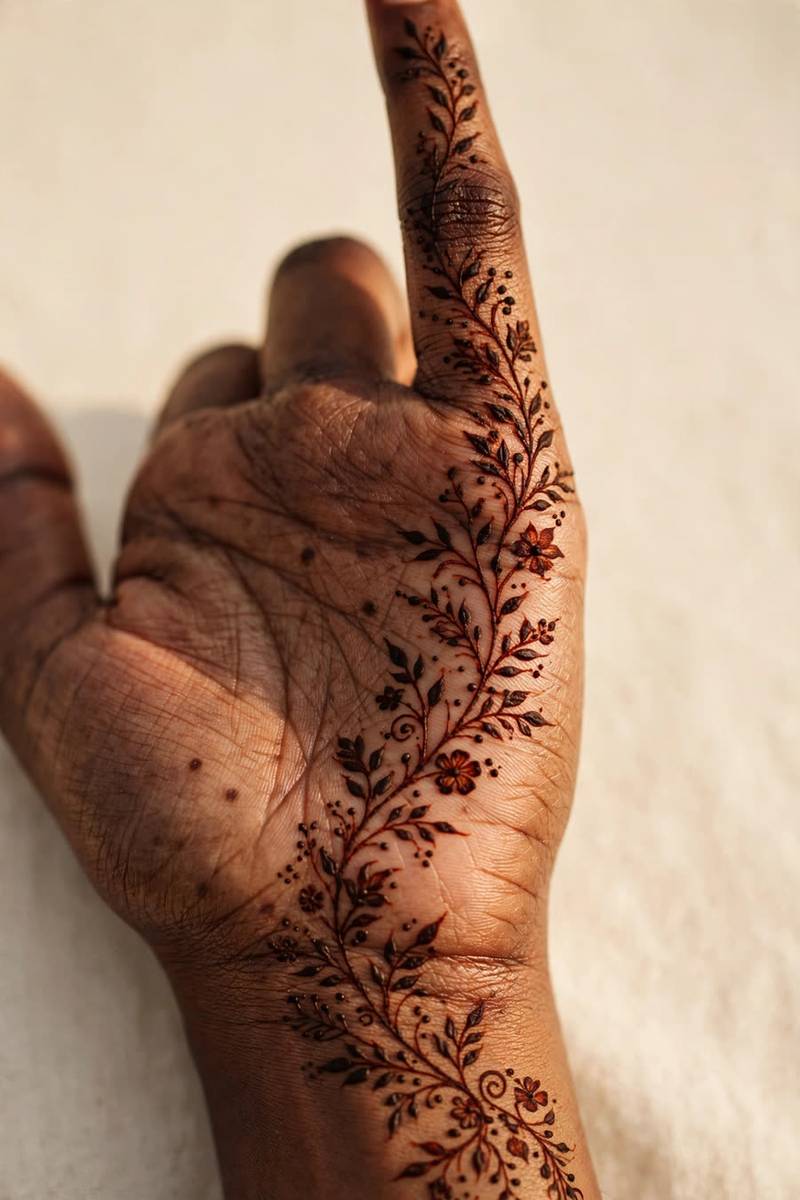 Fine vine trail Christmas henna across hand