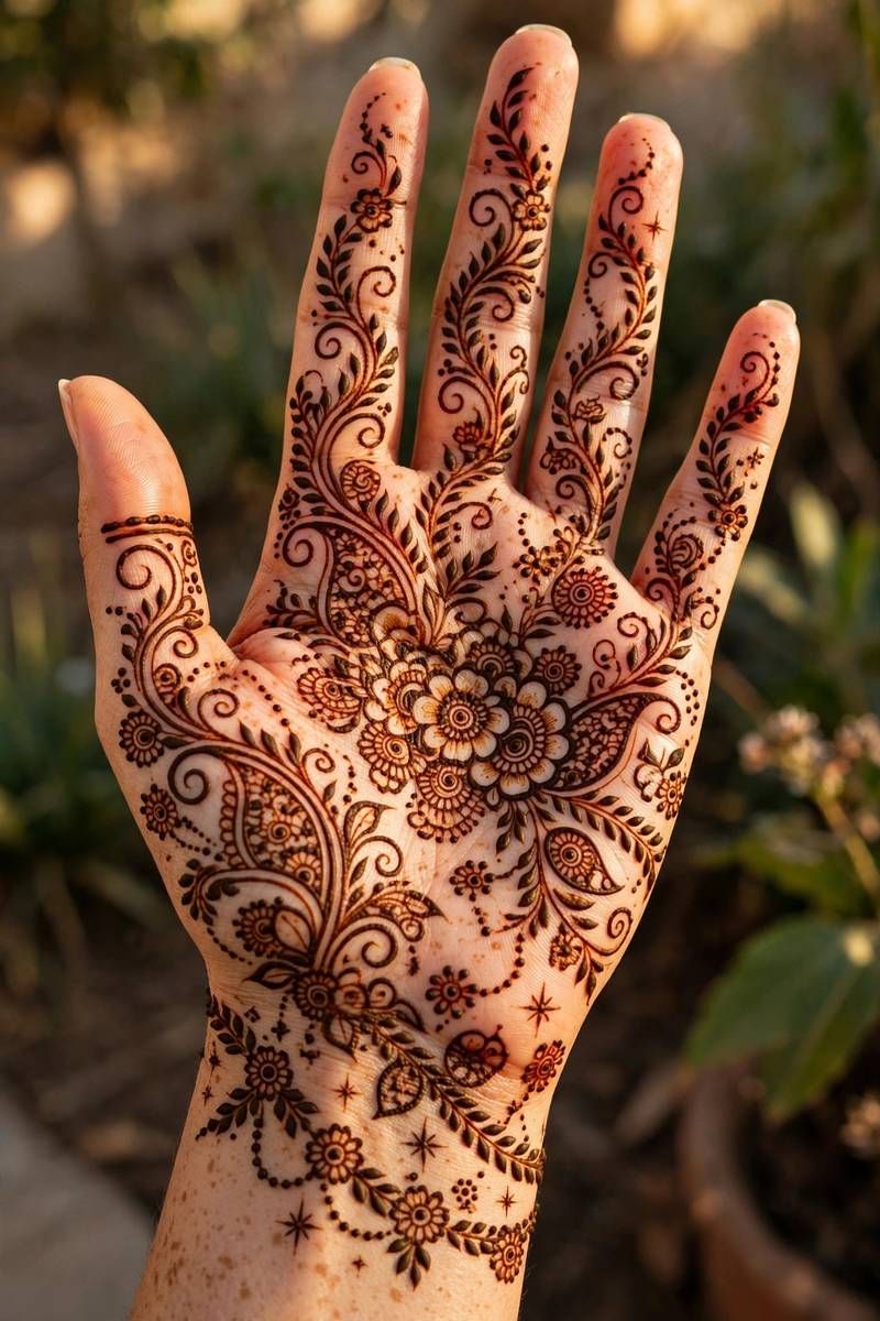 Full hand celebration mehndi design with mixed motifs non-bridal