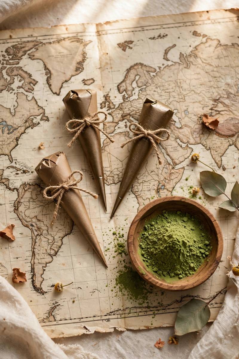 Henna cones and world map flat lay