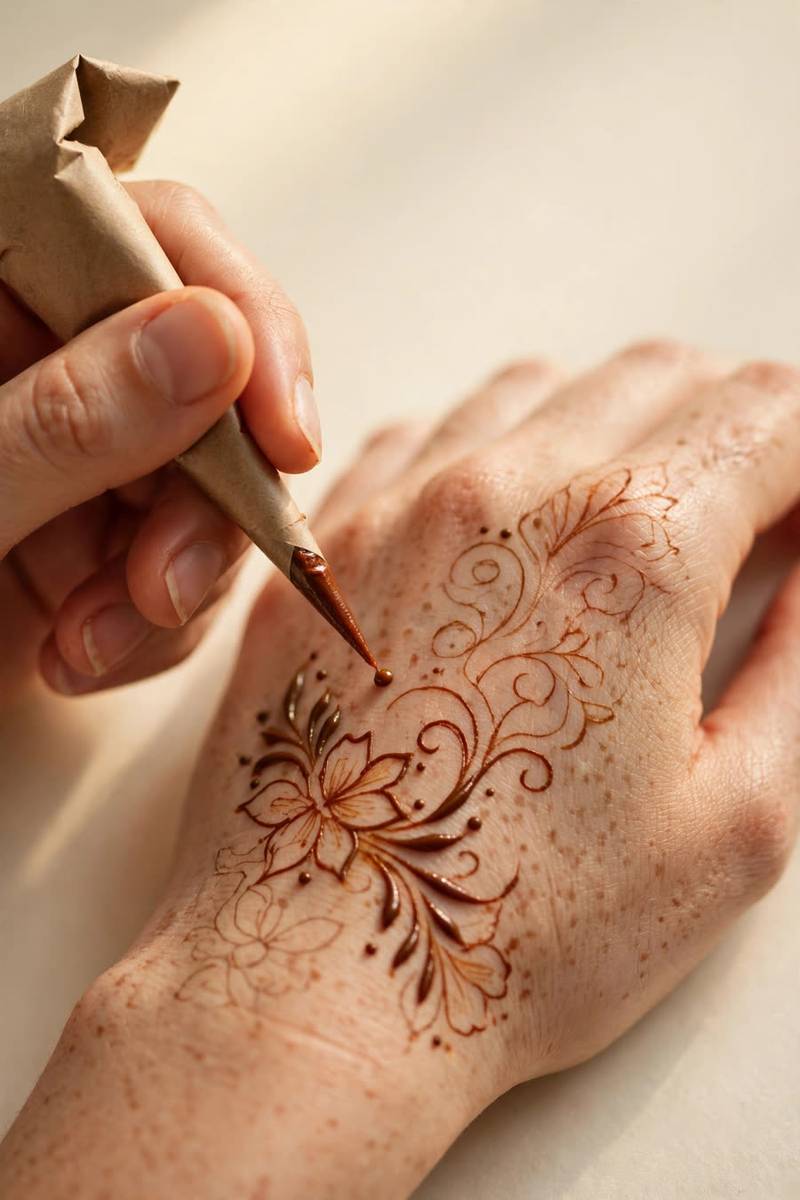 Hand holding henna cone applying a dot for Eid mehndi design