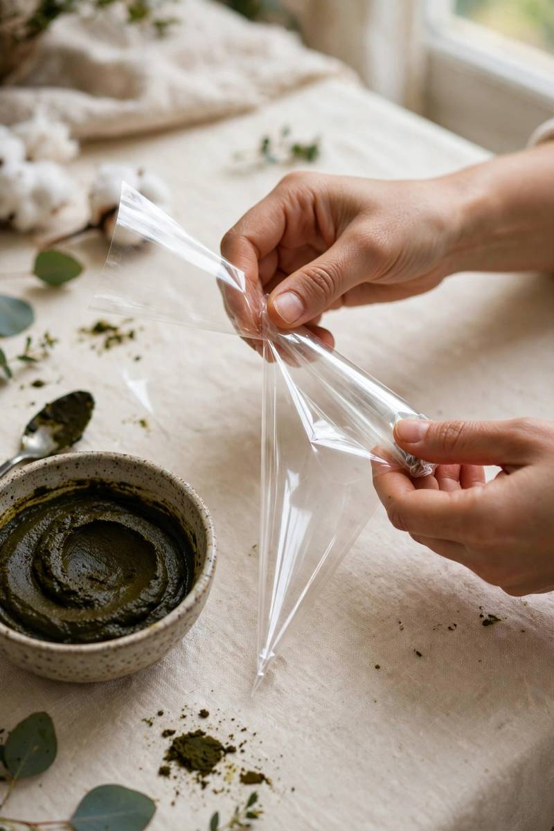 Hands rolling a homemade henna cone from cellophane beside a bowl of paste