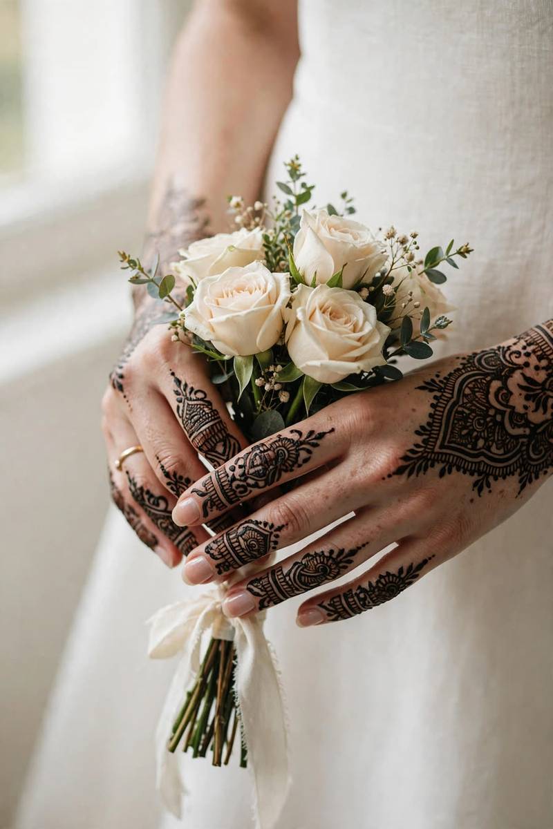Central mandala with arabic trailing vines in indo-arabic mehndi