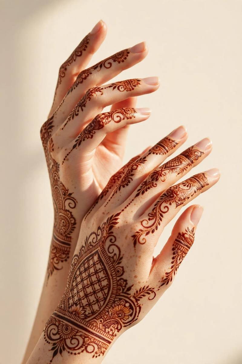 Forearm indo-arabic mehndi panel with mixed arabic and indian motifs