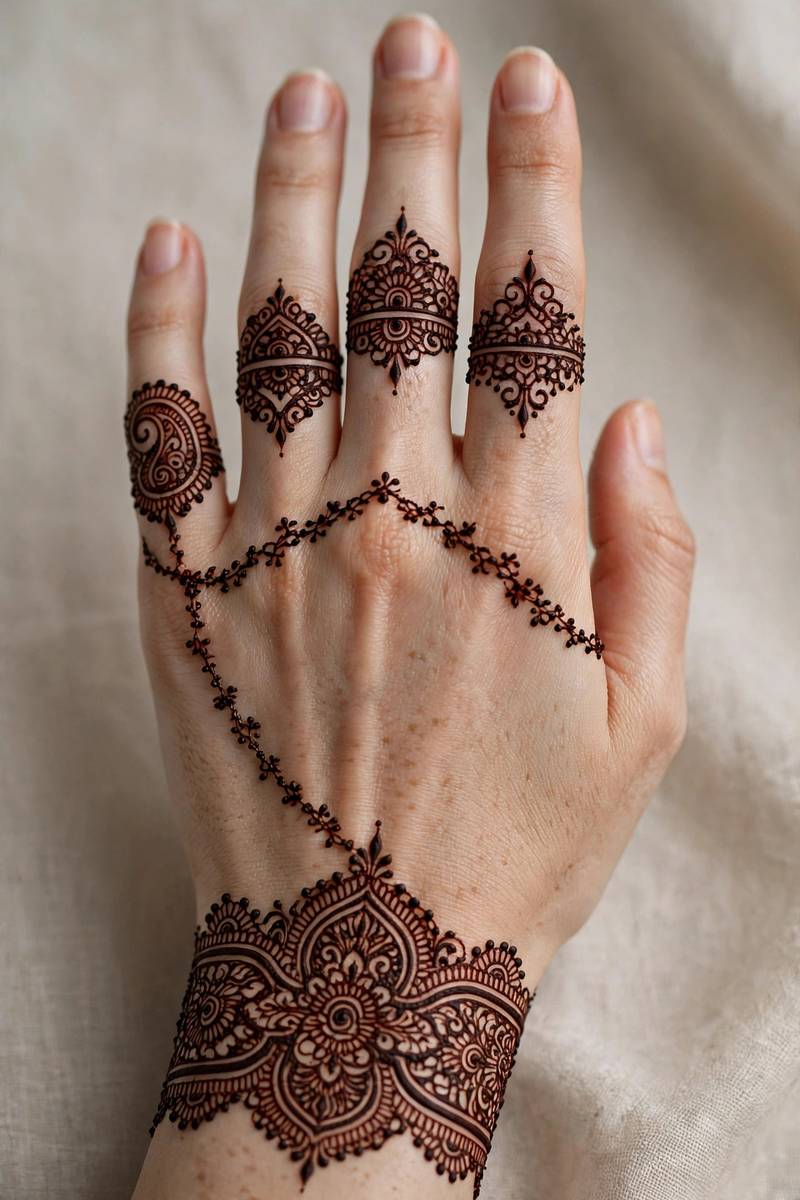 Full bridal jewellery-style mehndi with rings on all fingers and wrist cuff