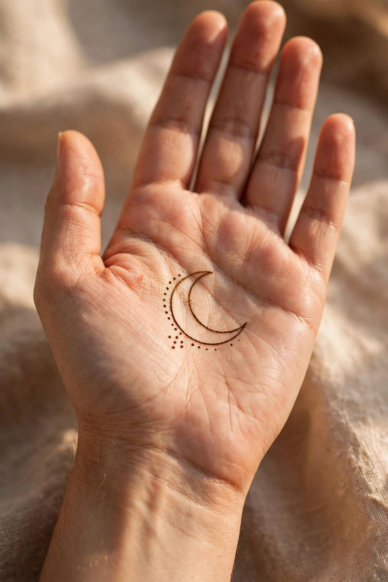 Minimal crescent moon mehndi design on palm for Eid