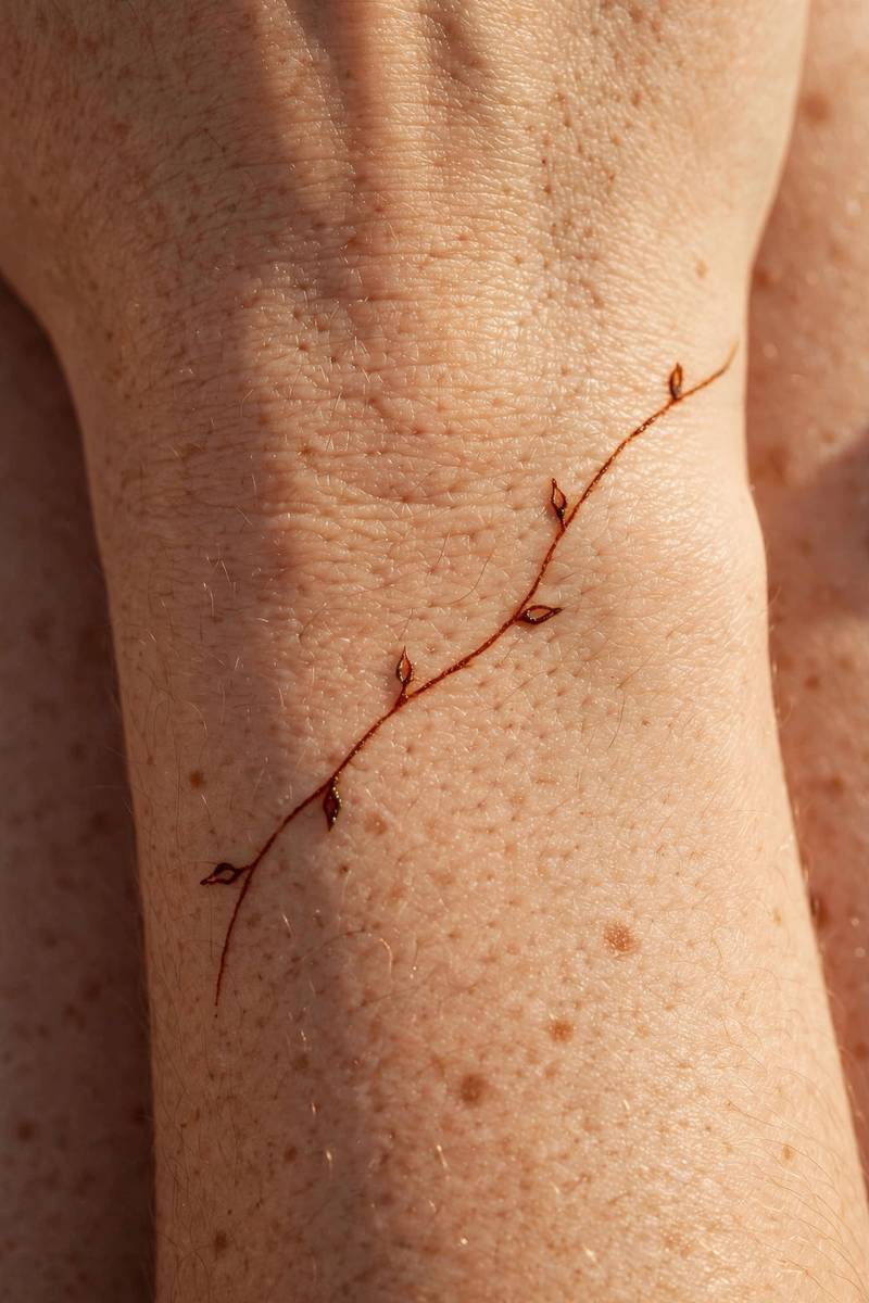 Minimal single line mehndi vine with tiny leaves across the wrist