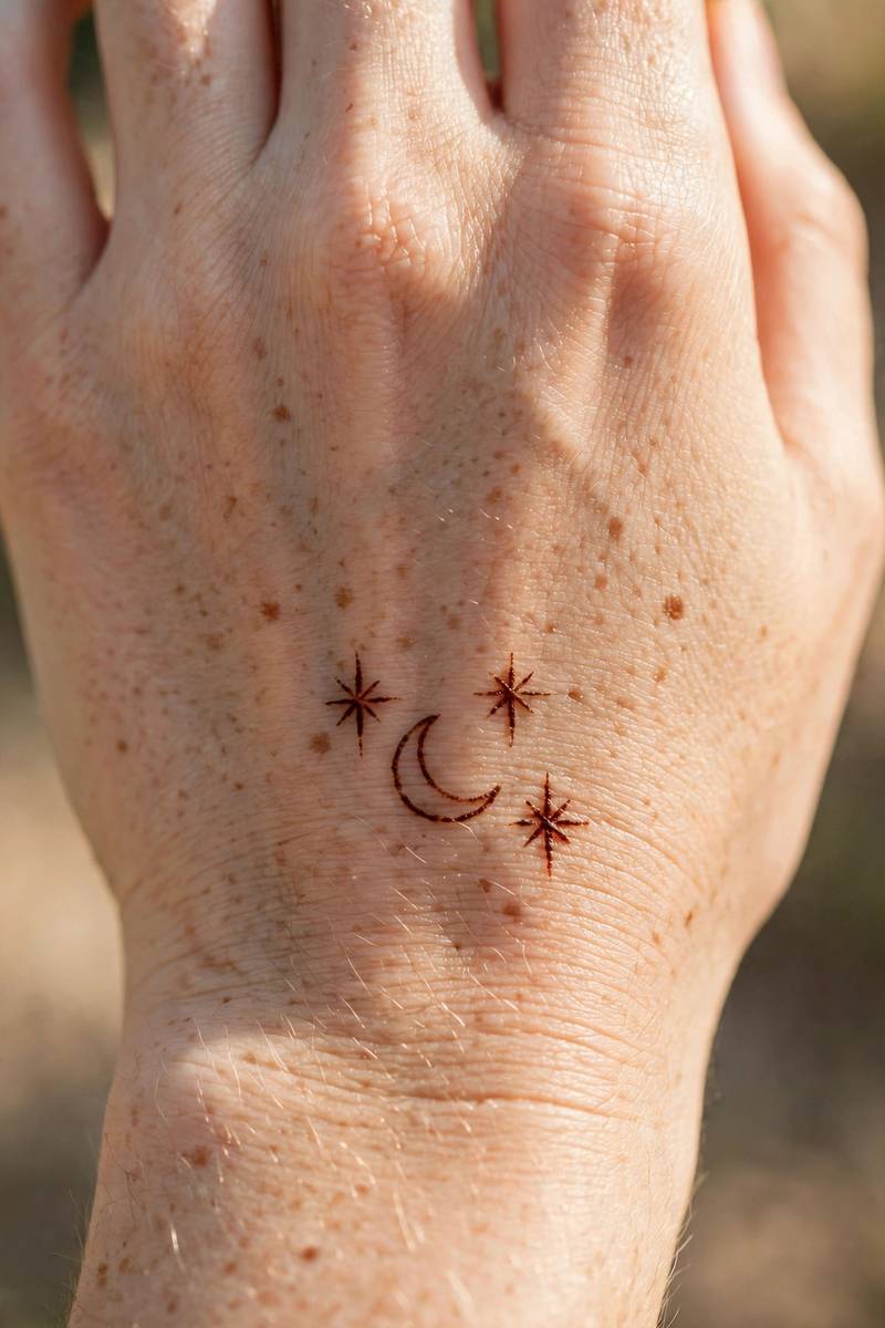 Minimal mehndi crescent moon with small stars on the back of the hand
