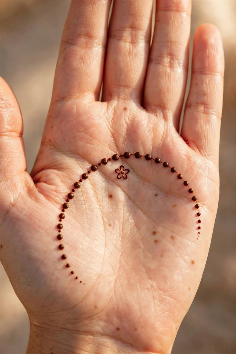 Minimal mehndi arch of graduated dots across the palm with a tiny flower