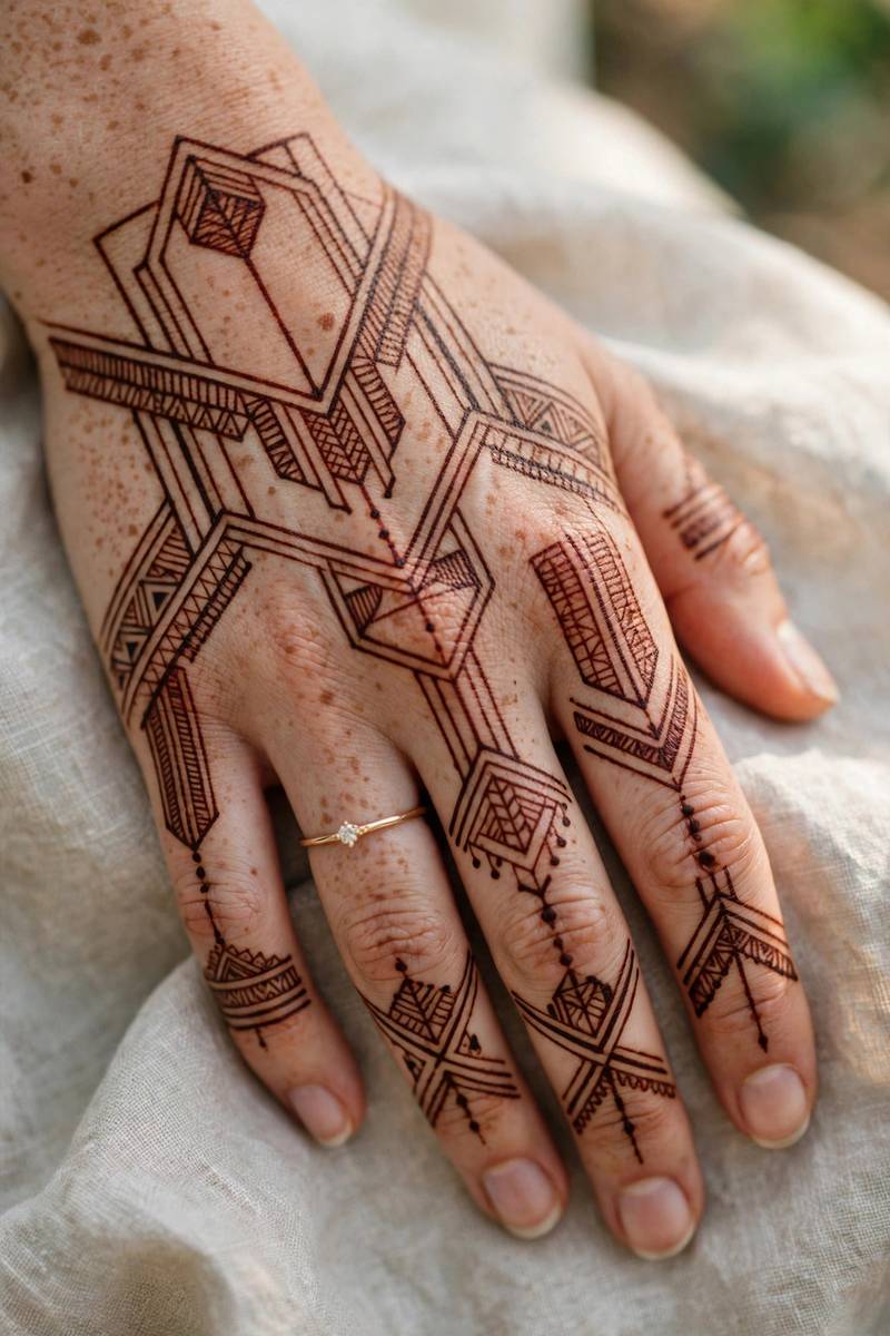Modern geometric bridal henna with clean precise lines