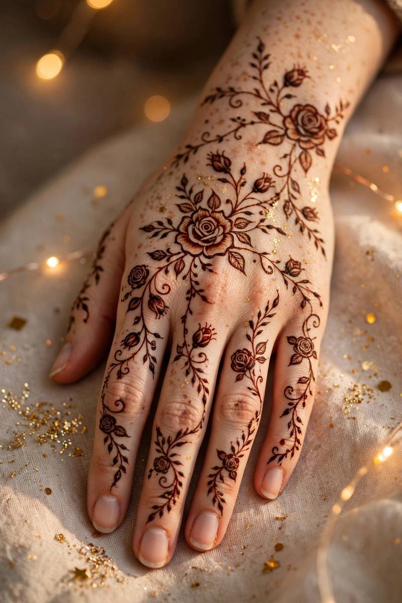 Pretty floral New Year party henna on hand