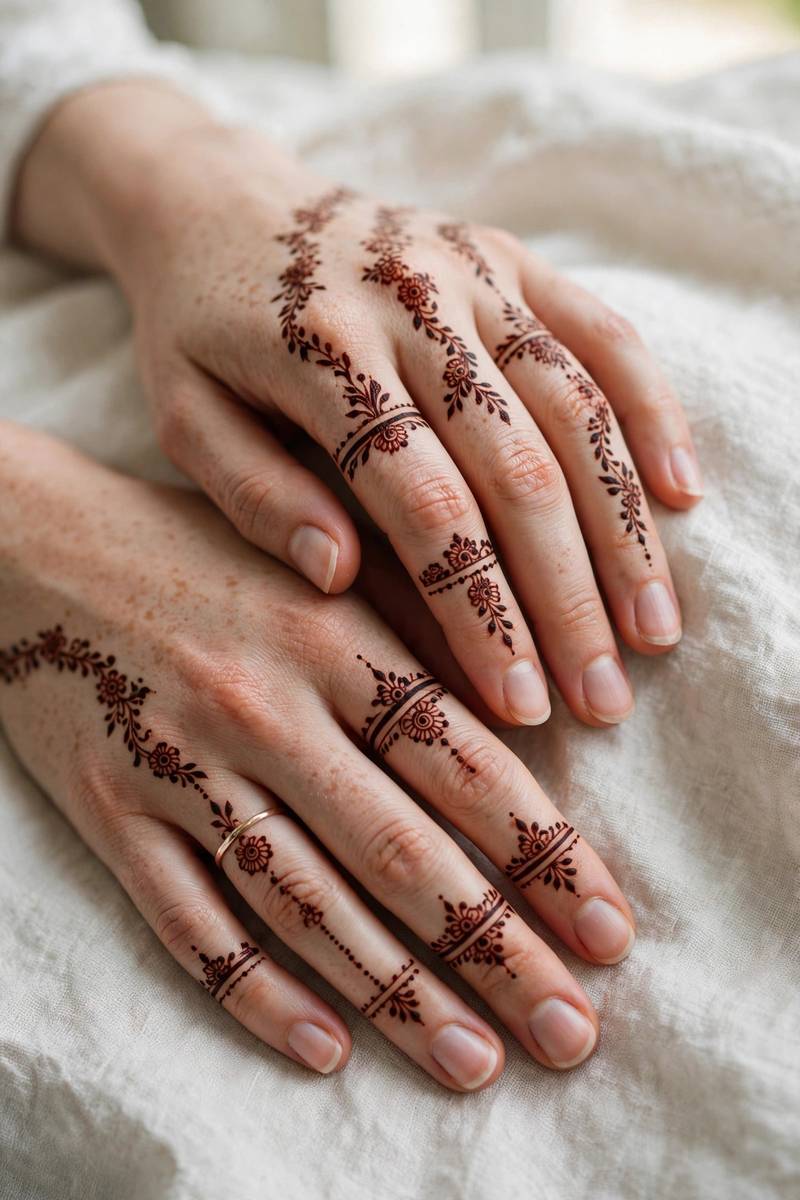 Elegant modest nikkah henna with refined floral bands on hands