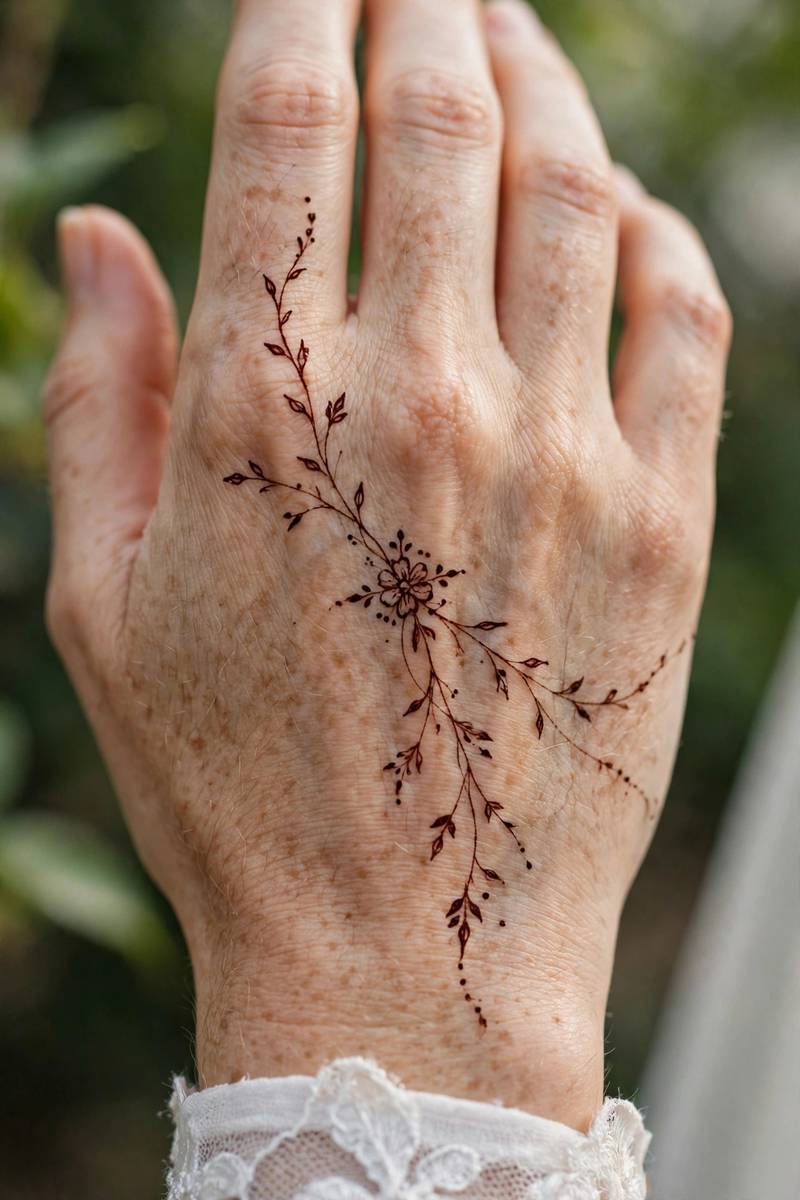 Delicate nikkah henna design with central motif on back of hand