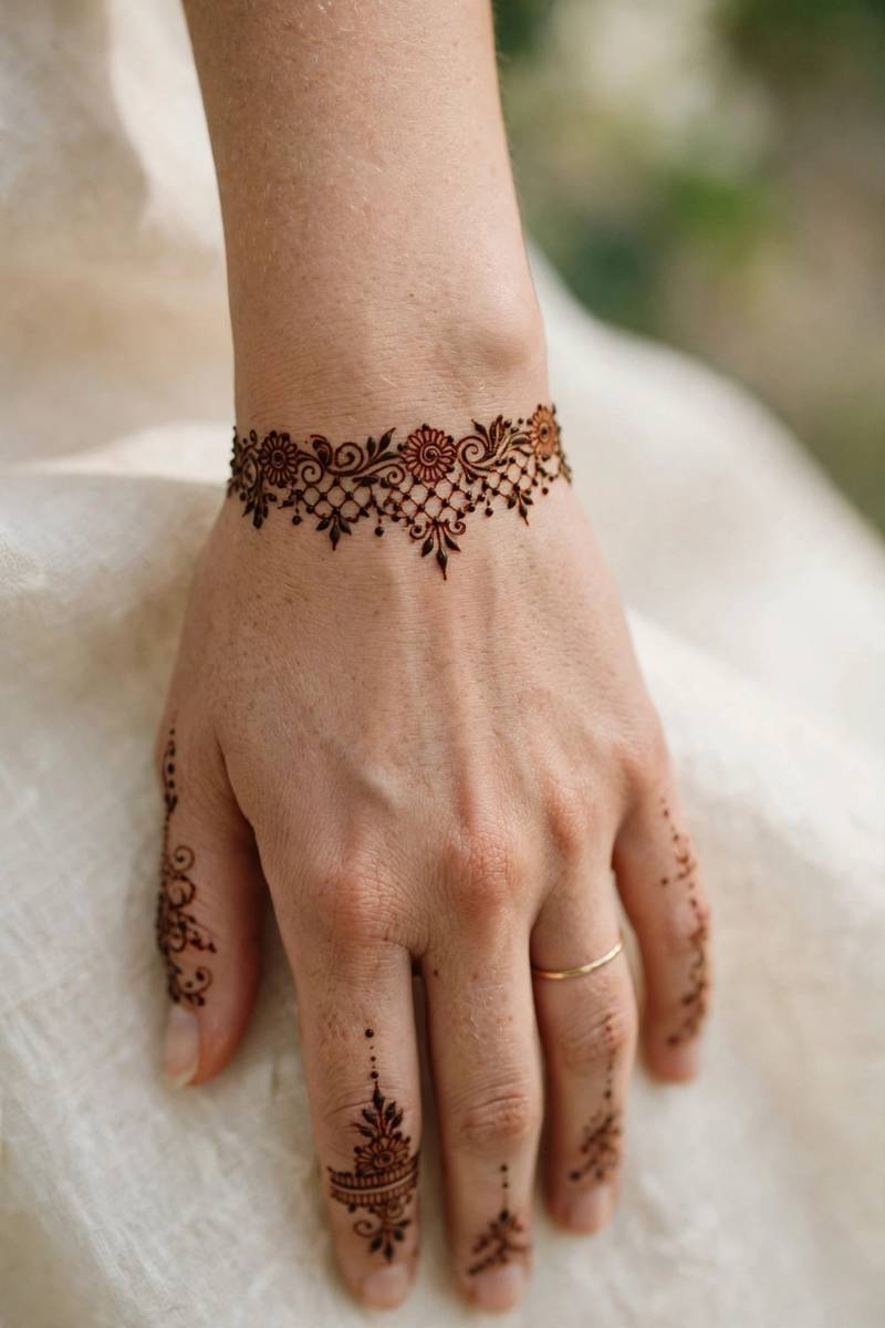 Fine henna bracelet band with finger accents for nikkah