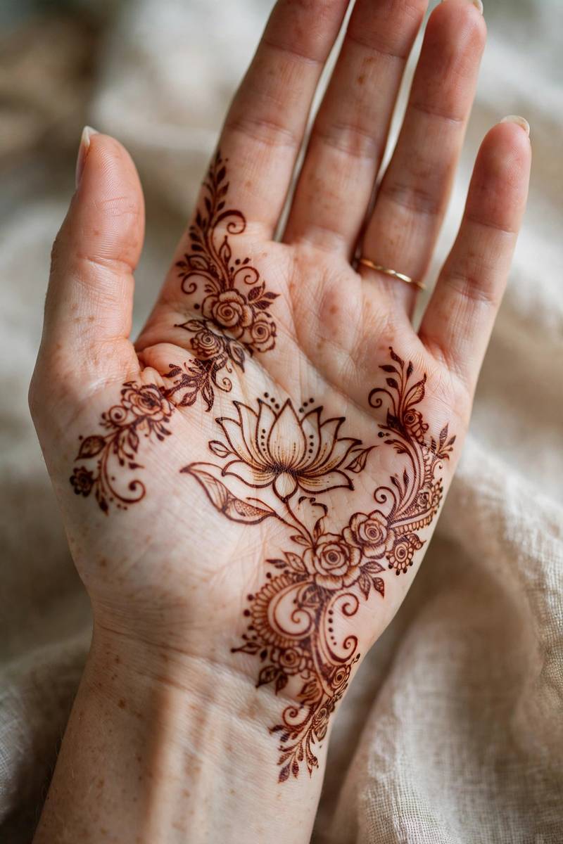 Soft floral nikkah henna design on palm