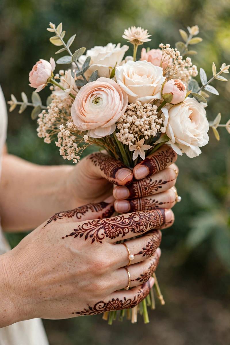 Elegant occasion mehndi designs on hands holding flowers