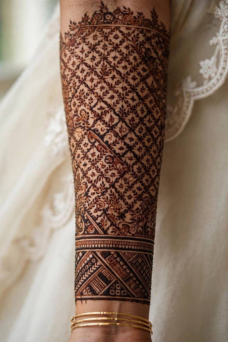 Pakistani bridal henna with dense jaal lattice work on forearm