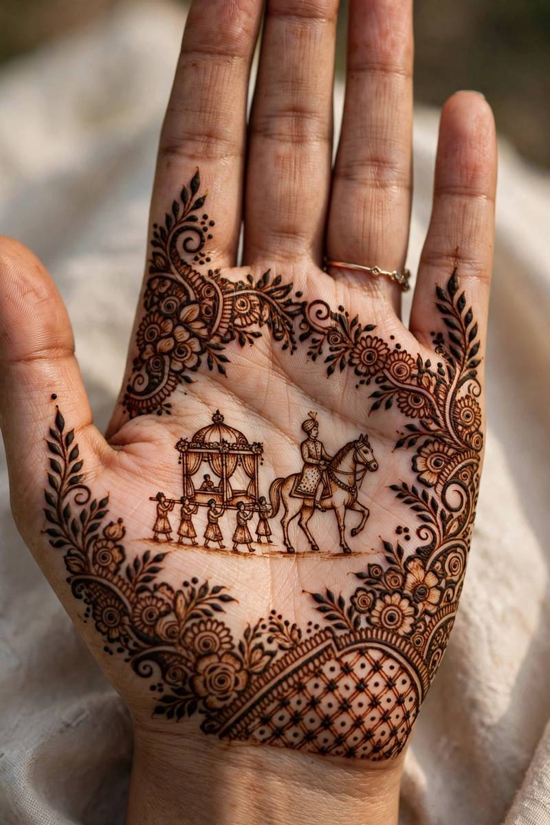 Pakistani bridal mehndi with baraat procession scene on palm