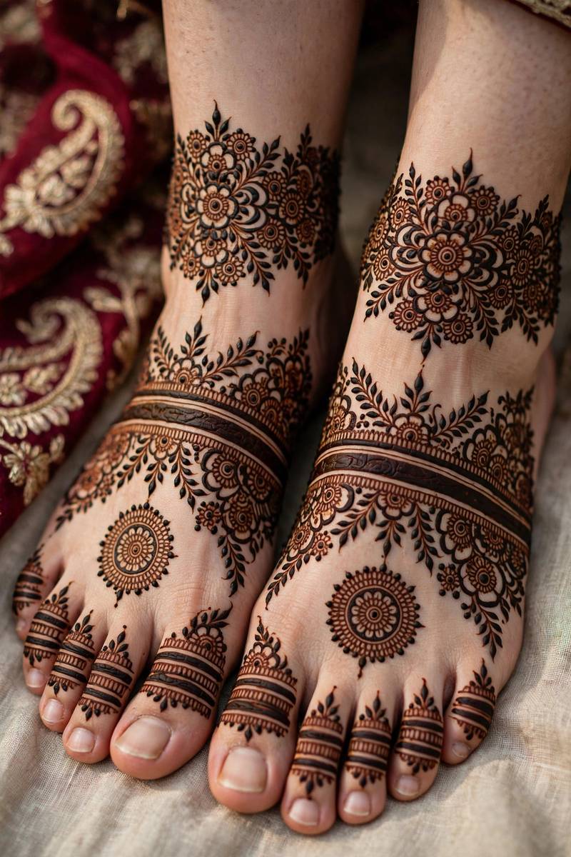 Pakistani bridal henna with bold bands covering the feet