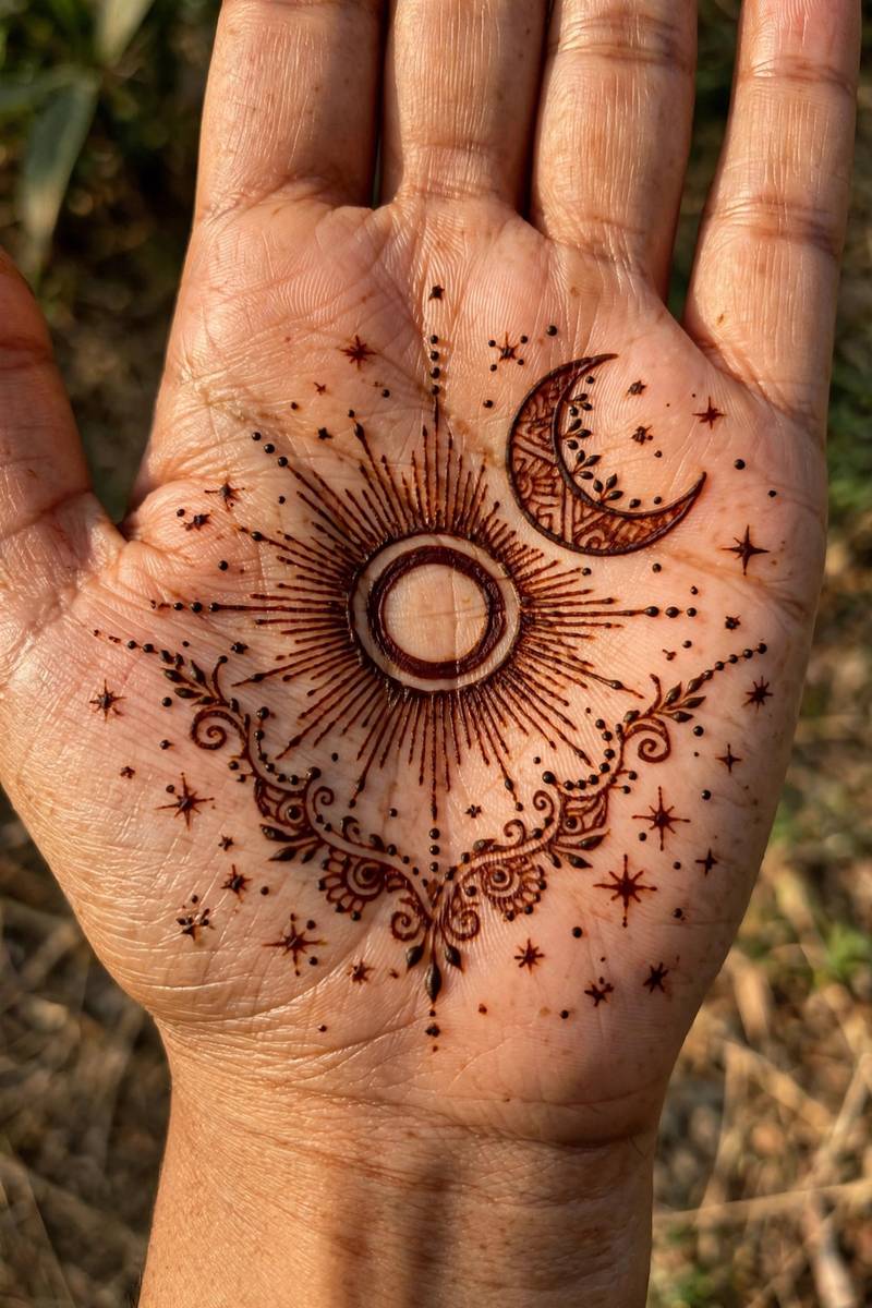 Sun and moon palm mehndi design with celestial motifs