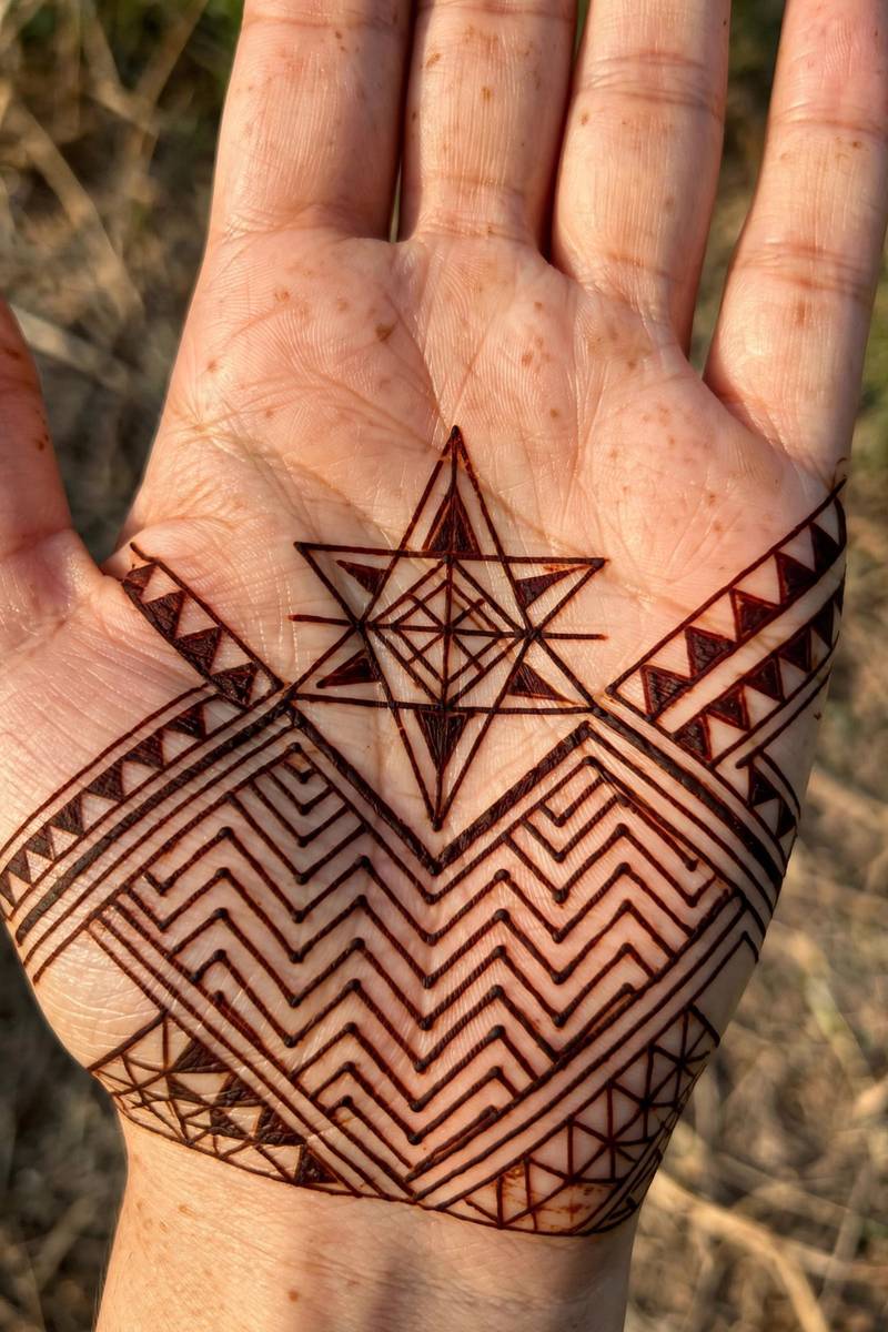 Geometric palm mehndi design with modern patterns
