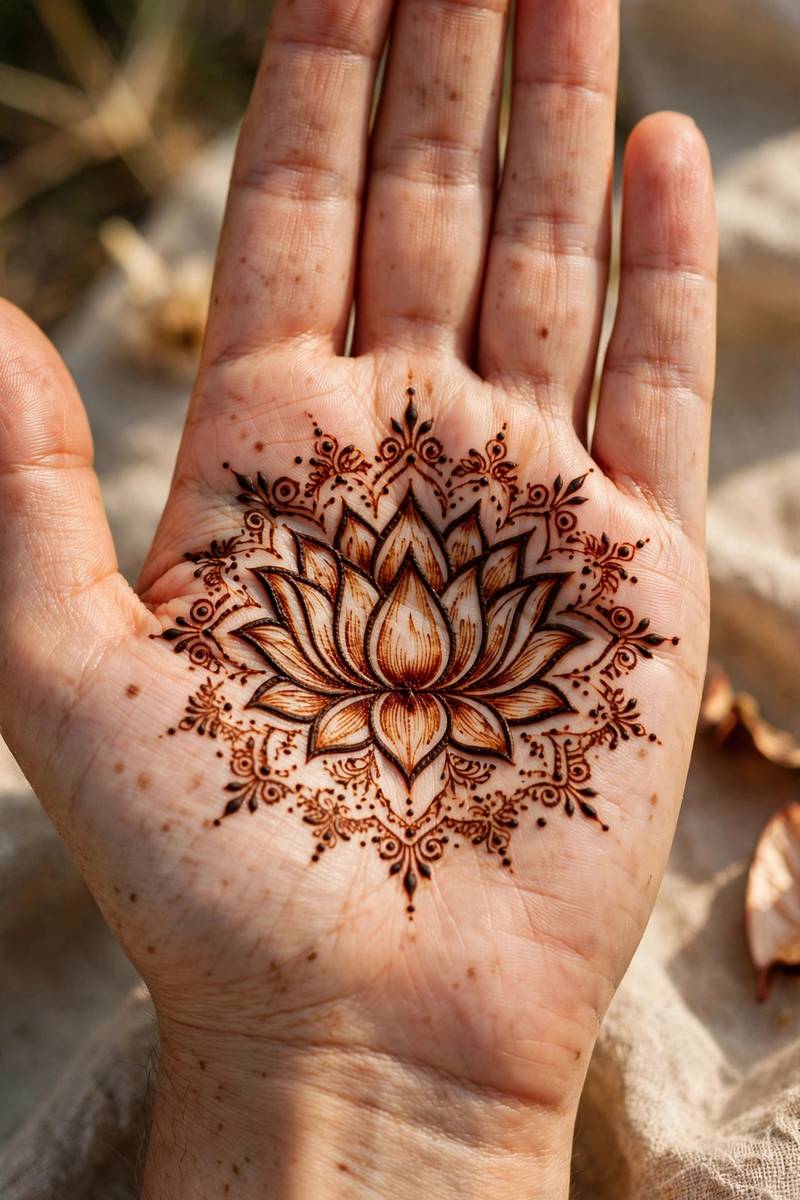 Lotus palm mehndi design with blooming lotus centre