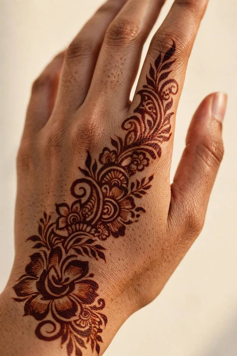 Pair of facing peacocks in symmetrical Diwali mehndi design