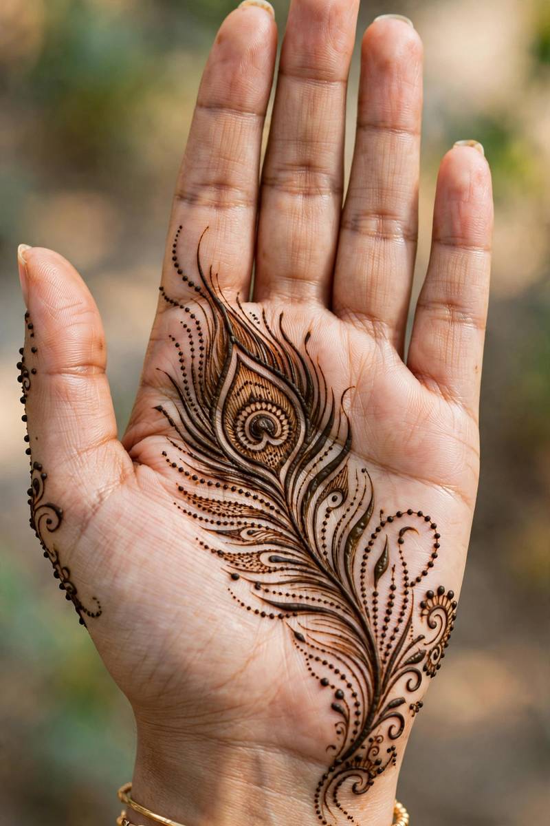 Peacock feather with dotted plumage in elegant Diwali palm mehndi