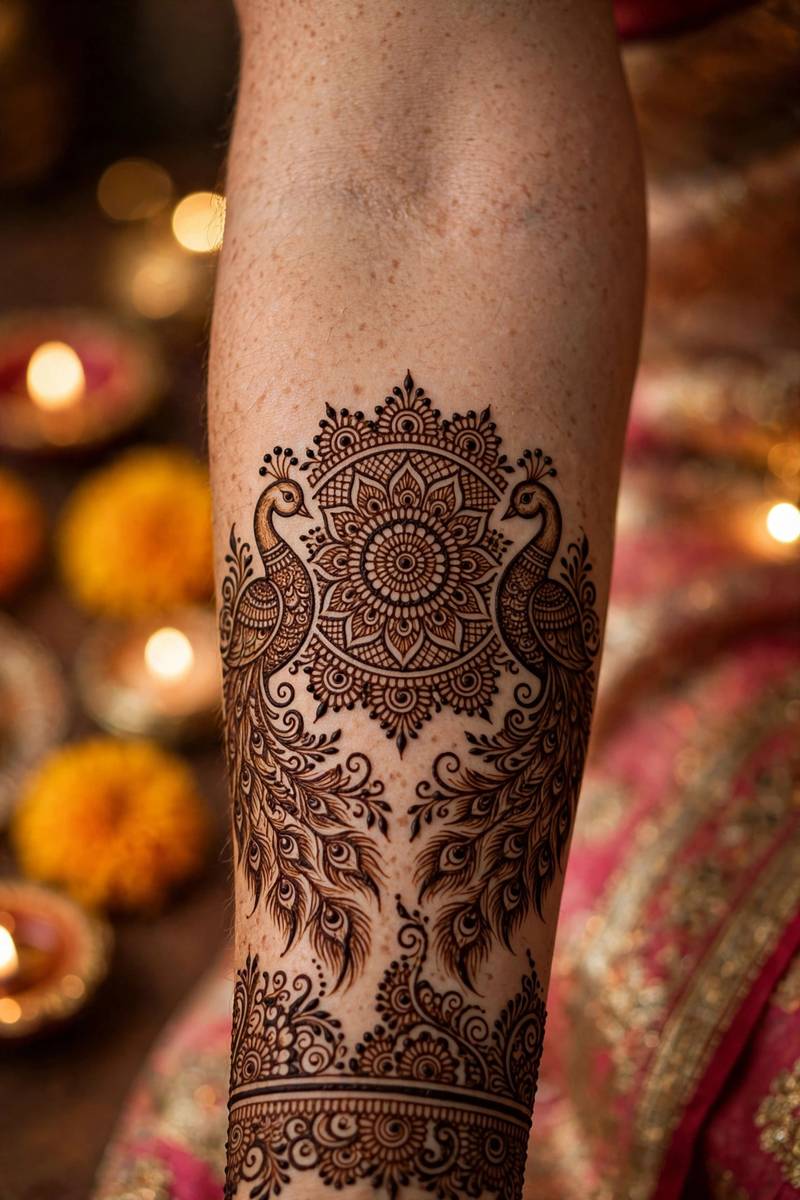 Pair of peacocks flanking mandala in royal Diwali mehndi panel