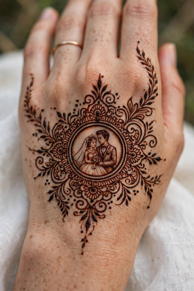 Miniature couple portrait medallion in bridal henna on back of hand