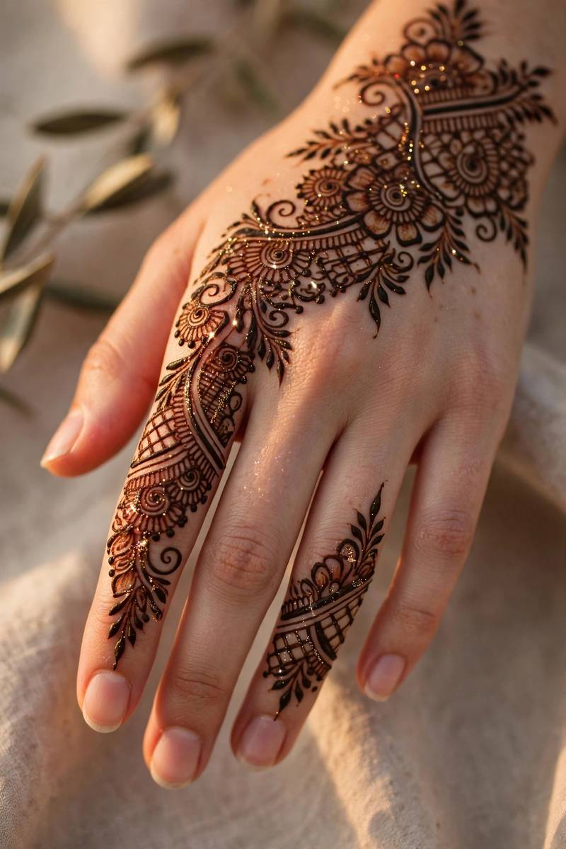 Photogenic hand henna with subtle shimmer for prom