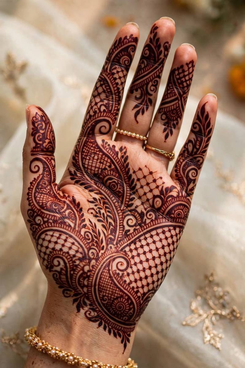 Dark maroon stain bold traditional bridal henna on full hand
