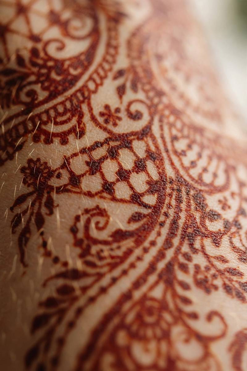 Close-up of rich red-toned bridal henna stain detail