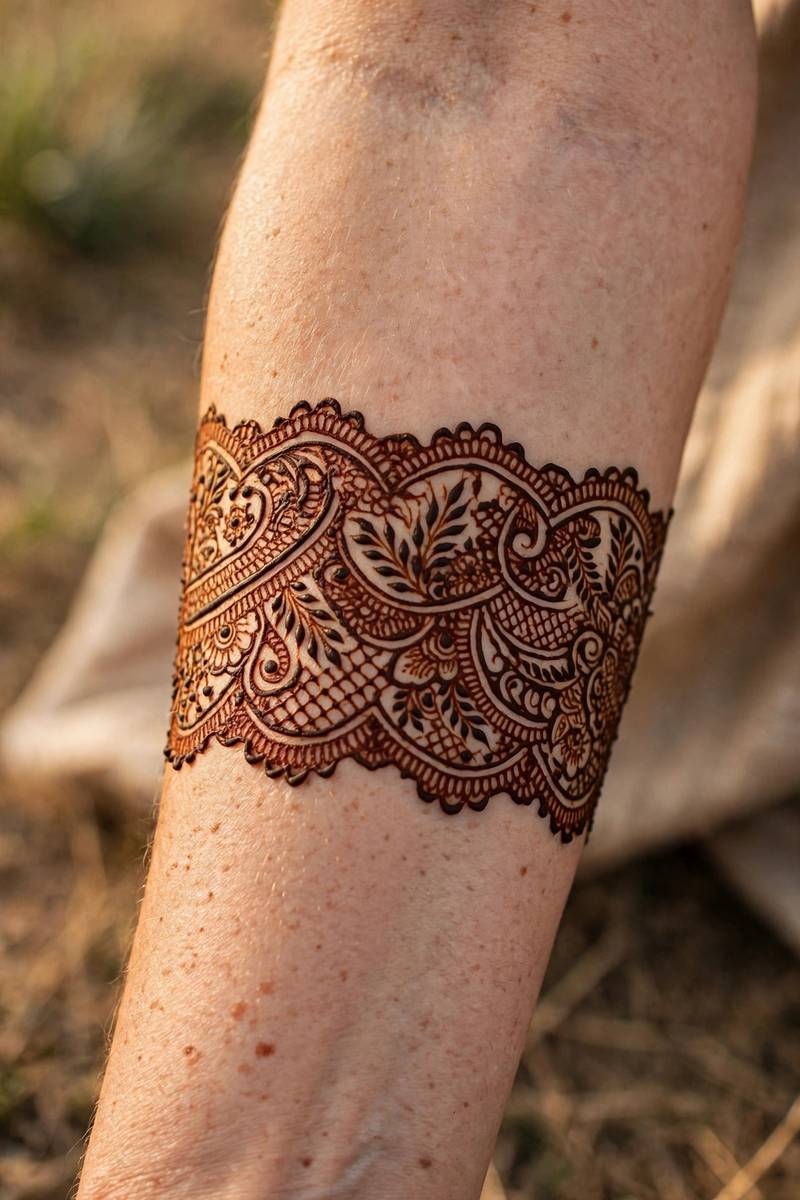 Lace cuff mehndi design around the forearm