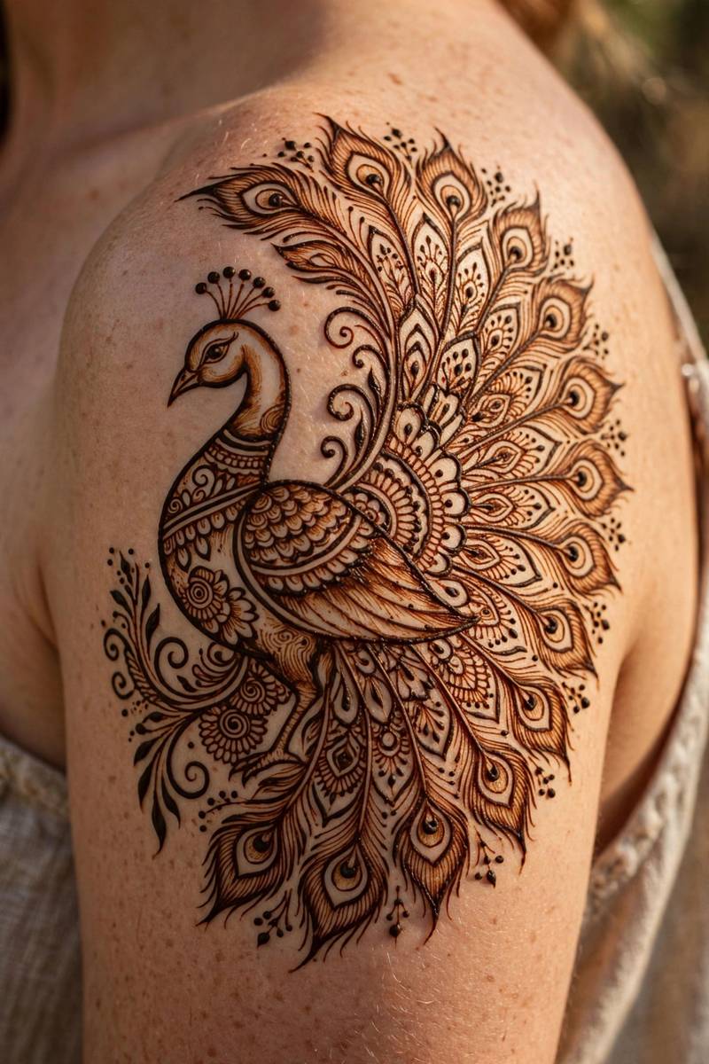 Peacock shoulder mehndi design with feather motifs