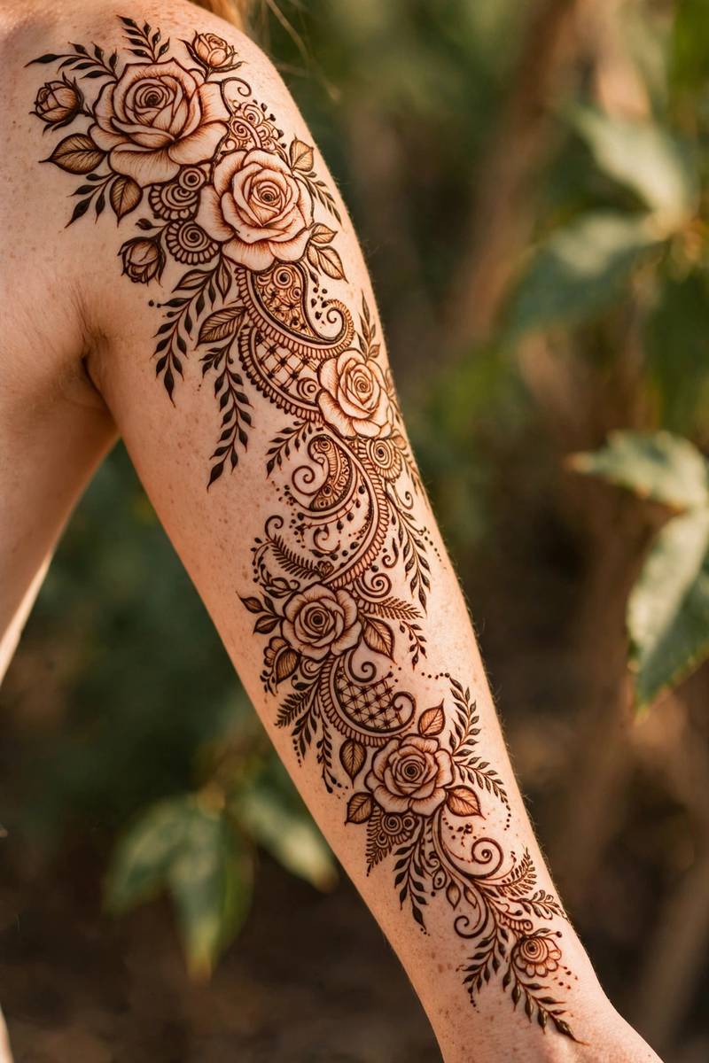 Trailing rose mehndi design flowing down the arm