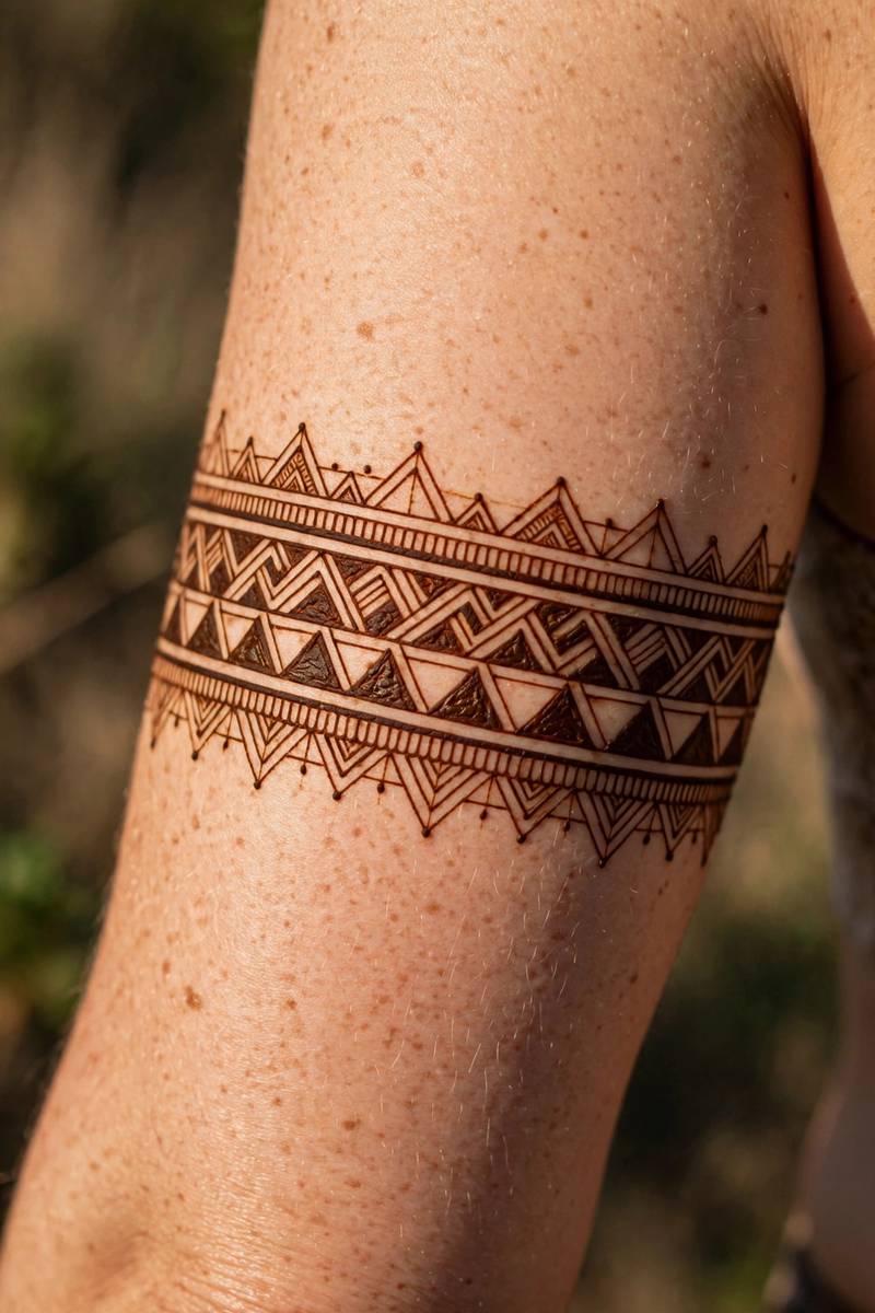 Geometric arm band mehndi design with modern patterns