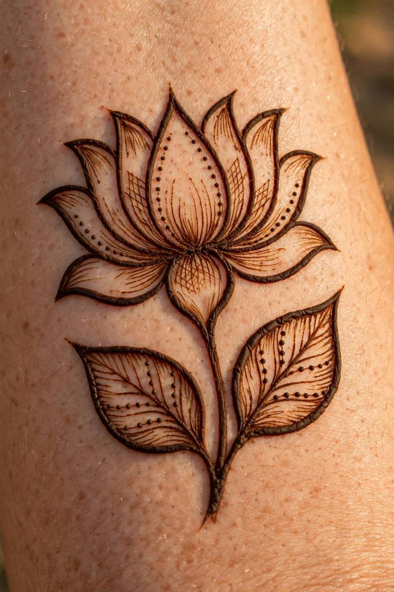 Simple lotus mehndi design with leaves for beginners