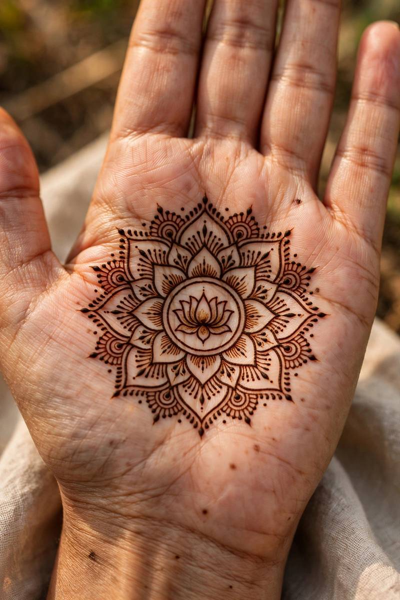 Simple mandala lotus mehndi design on the palm