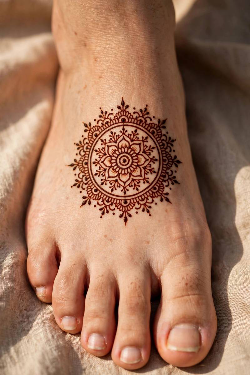 Simple mandala mehndi design centred on the top of the foot