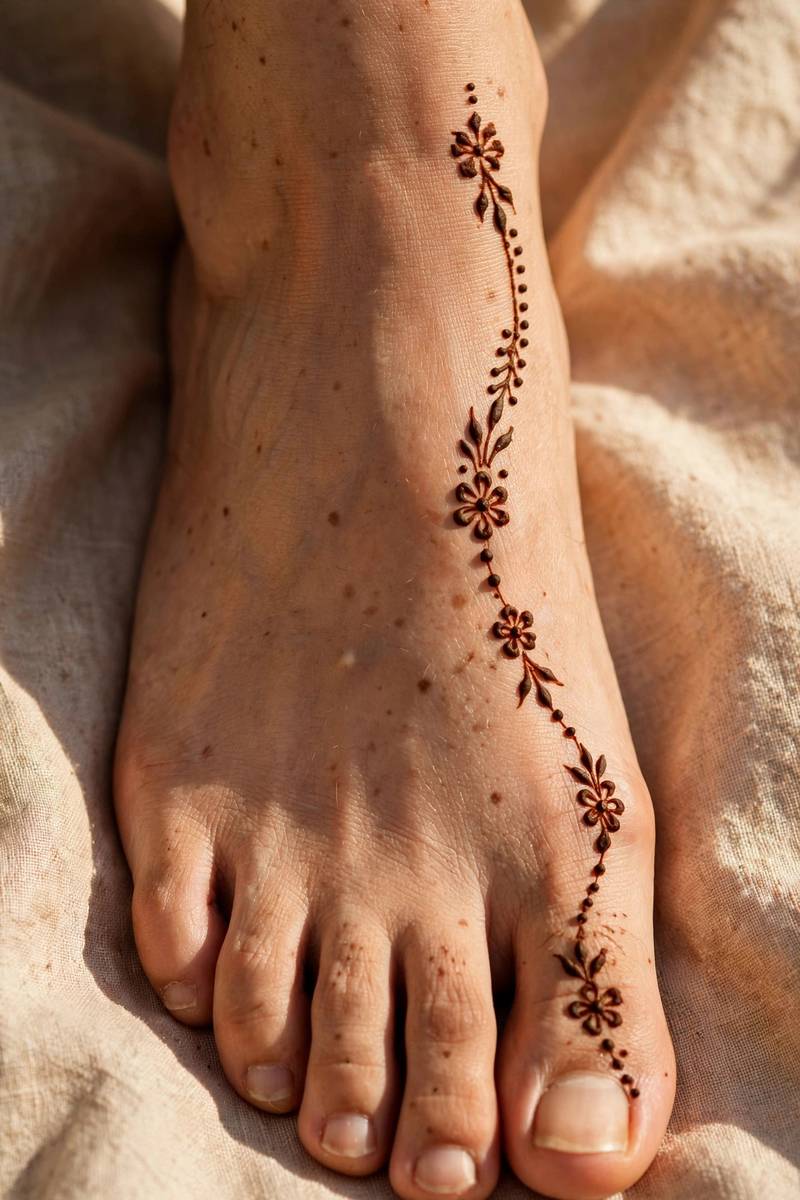 Simple trail mehndi design along the side of the foot