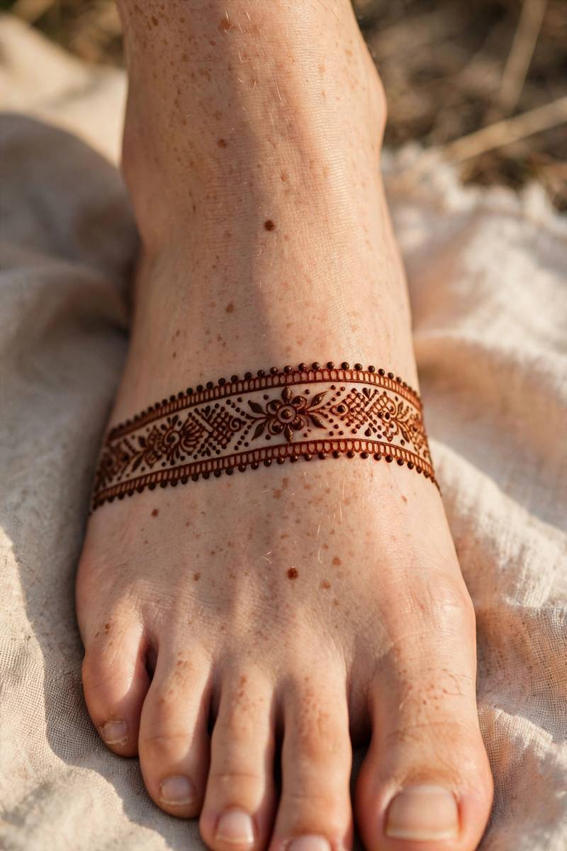 Simple foot jewellery band mehndi design across the foot
