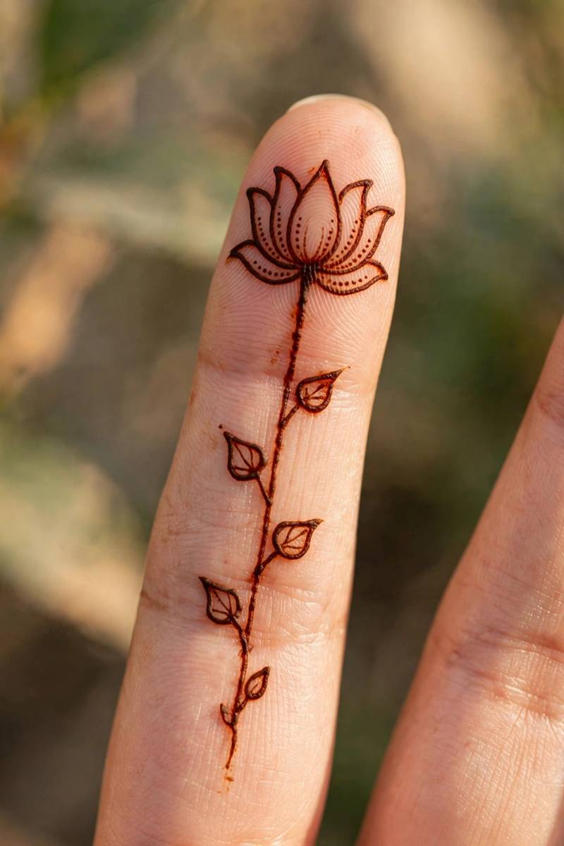 Simple lotus mehndi motif on a girl's finger
