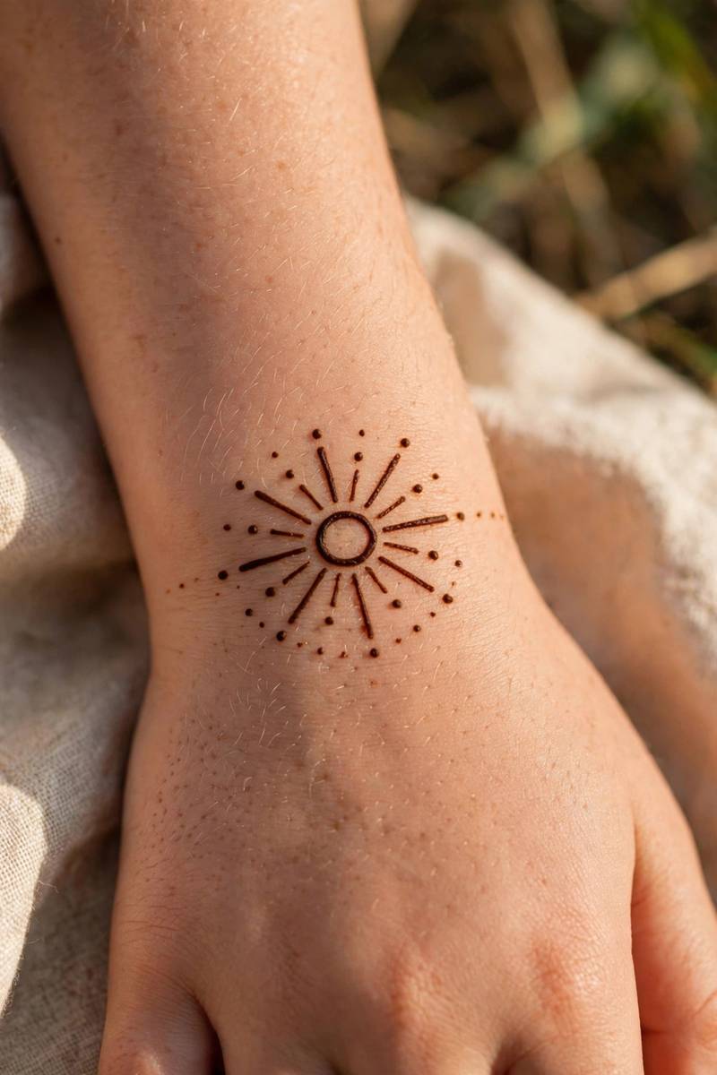 Simple sunburst mehndi design radiating on a girl's wrist