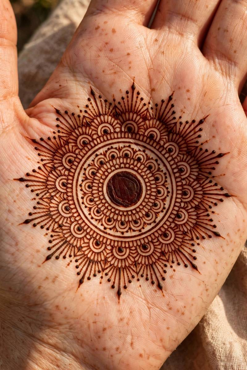 Mandala style sun tikki mehndi with layered rings and dots on the palm