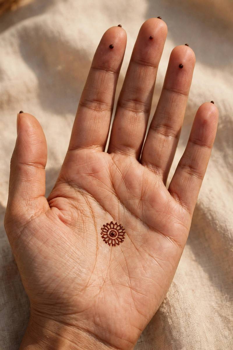 Small tikki mehndi on the palm with matching dots on the fingertips