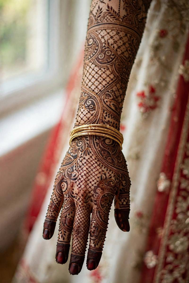 Dense traditional bridal henna with paisley and jaali motifs covering hand and forearm