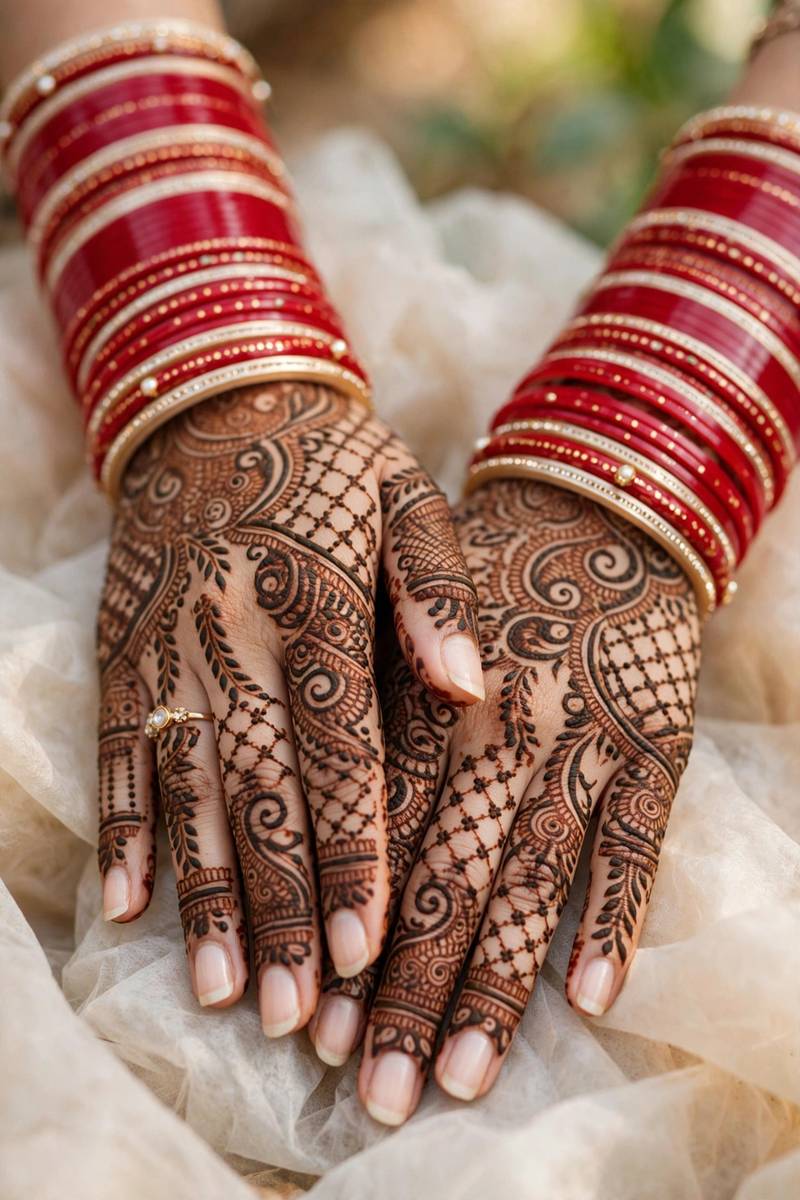 Bridal henna hands with red chooda bangles, deep red stain