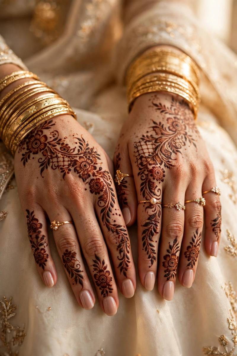 Elegant walima reception henna with medium density on hands with jewellery