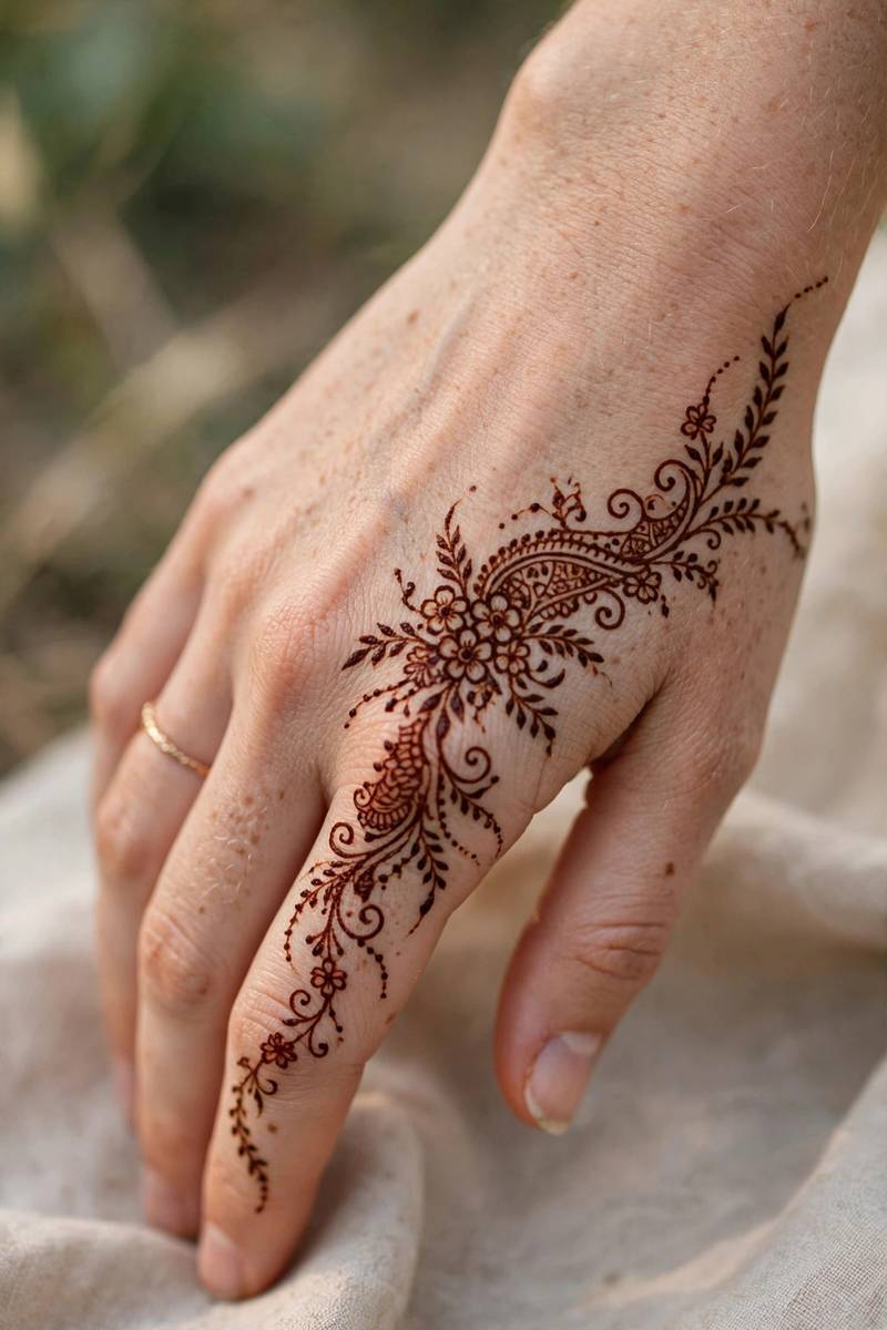 Pretty back-of-hand bridesmaid henna design